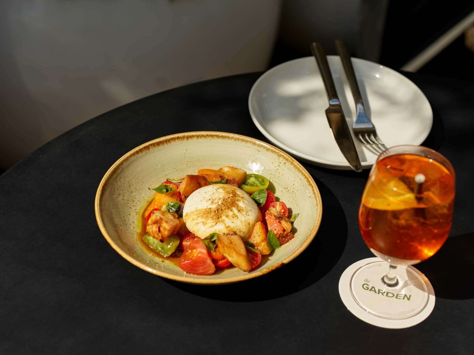 Burrata and spritz at The Garden